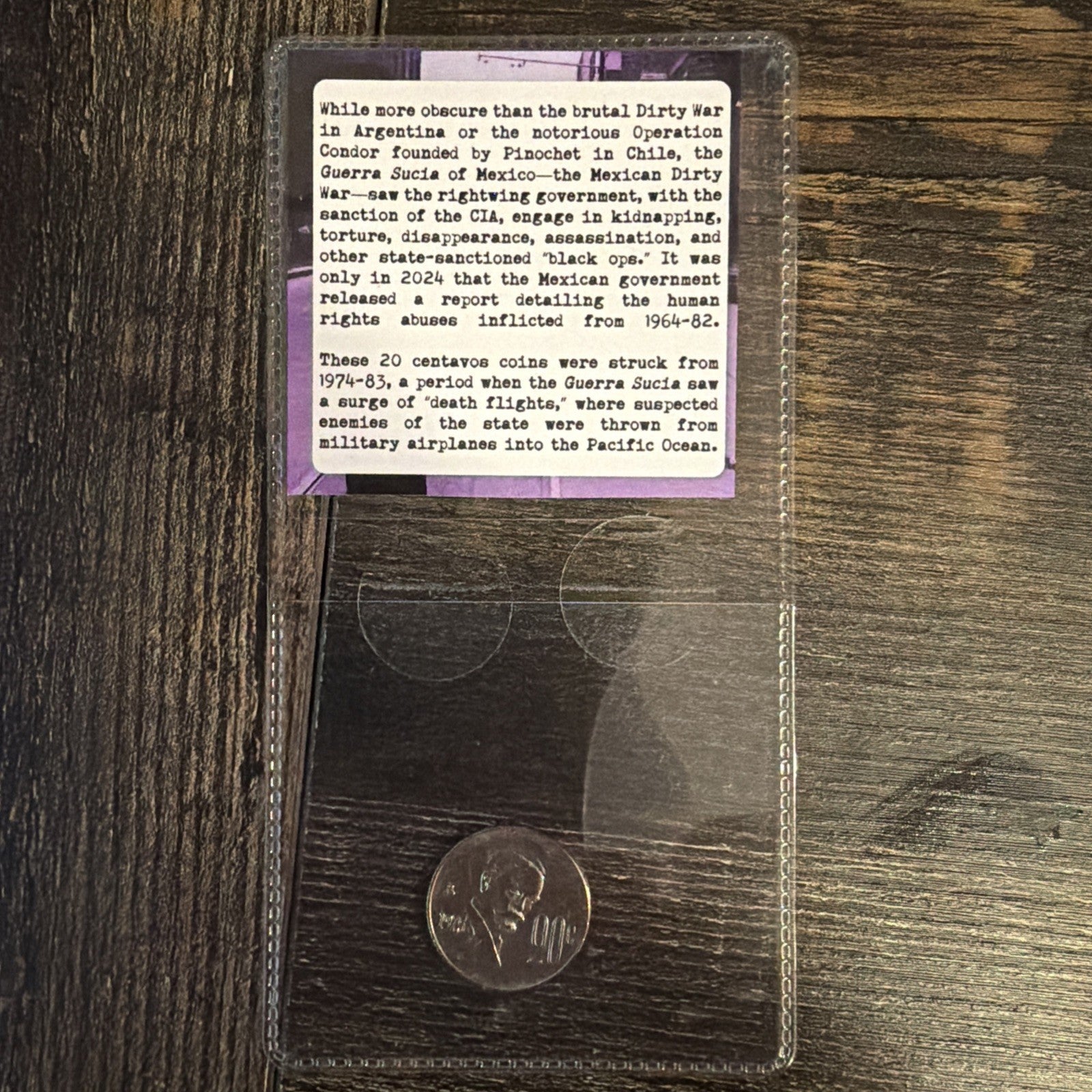 Mexican Dirty War “Guerra Sucia 1964-82” 20 Centavos Coin – Art/History Card1