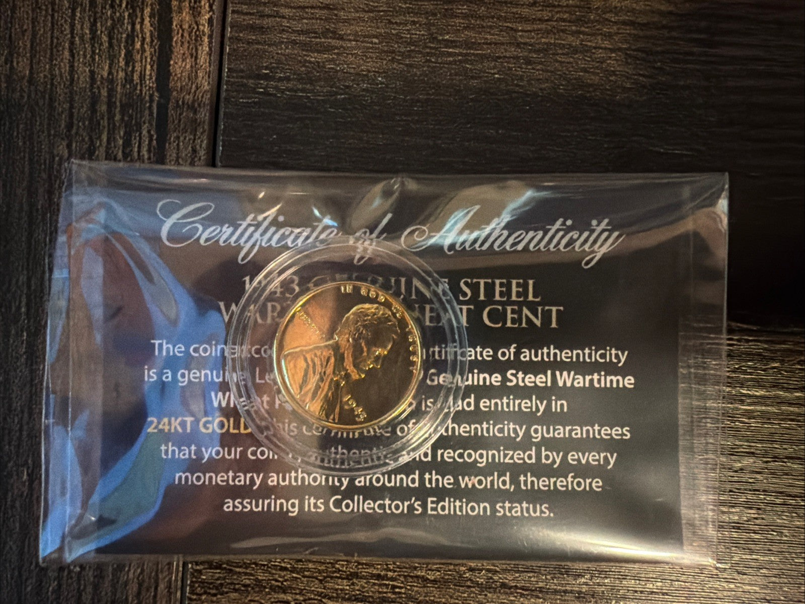 1943 Genuine Steel Wartime Wheat Cent 24KT Gold Plated With Authenticity Card0