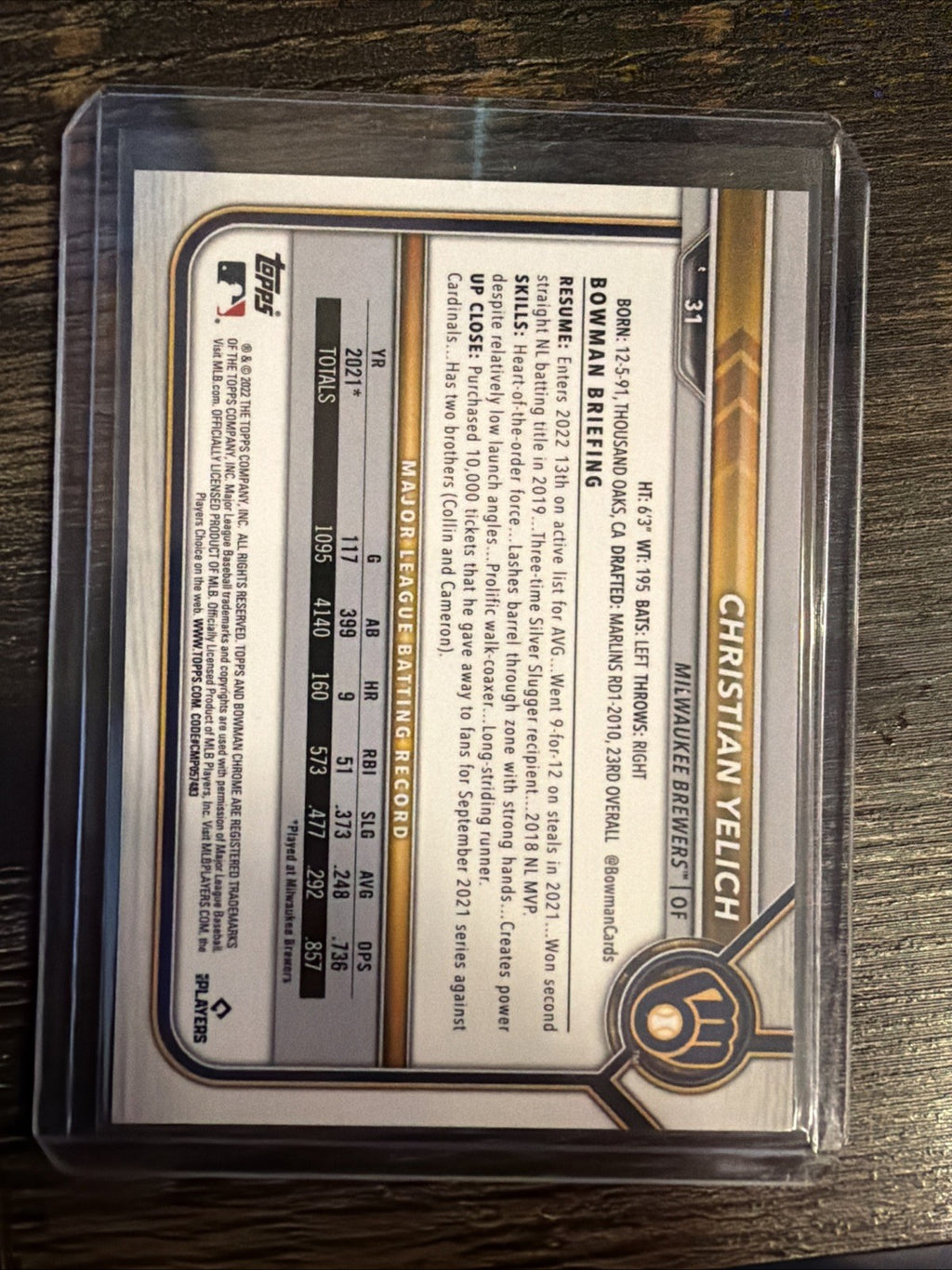2022 Bowman Chrome - Christian Yelich #31 Green Refractor /991