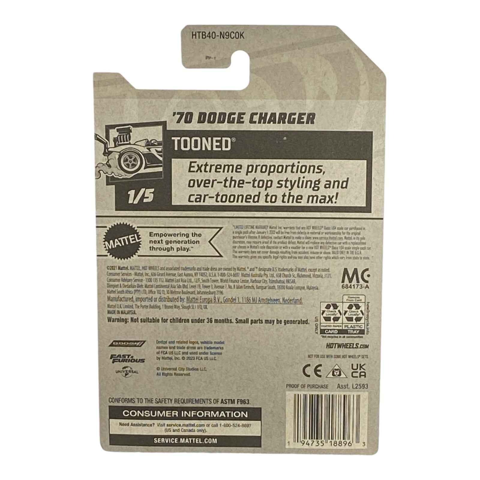 Hot Wheels '70 Dodge Charger - Red Stripe on Trunk - Tooned Series 1/5